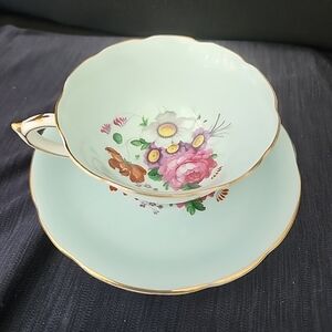 Vtg PARAGON Double Warrant Tea Cup & Saucer Mint Green Pink Cabbage Rose Daisy